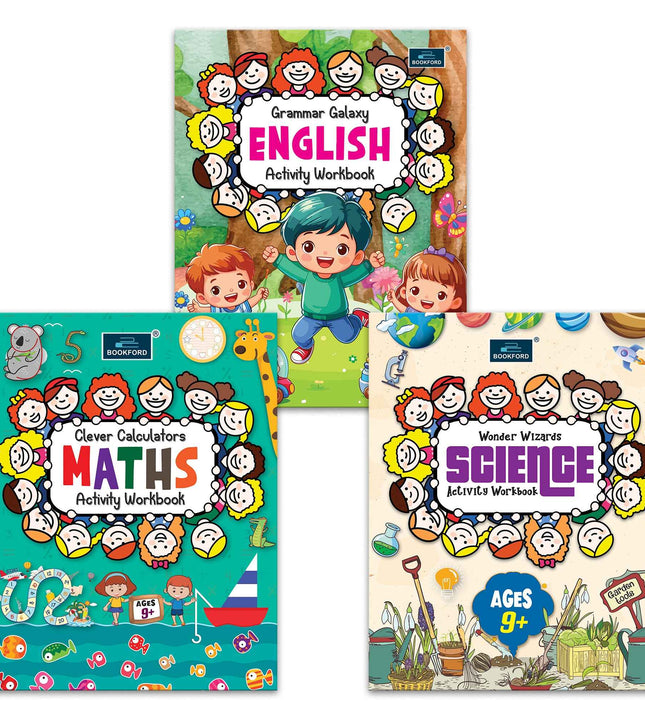 Activity Workbook Ages 9+ (Set of 3 books)-Grammar Galaxy English, Clever Calculators Maths, Wonder Wizards Science