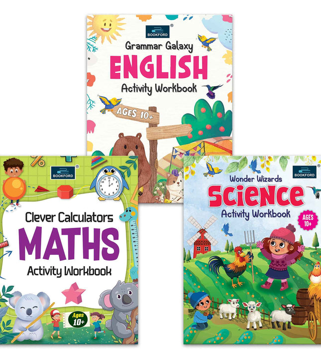 Activity Workbook Ages 10+ (Set of 3 books)-Grammar Galaxy English, Clever Calculators Maths, Wonder Wizards Science