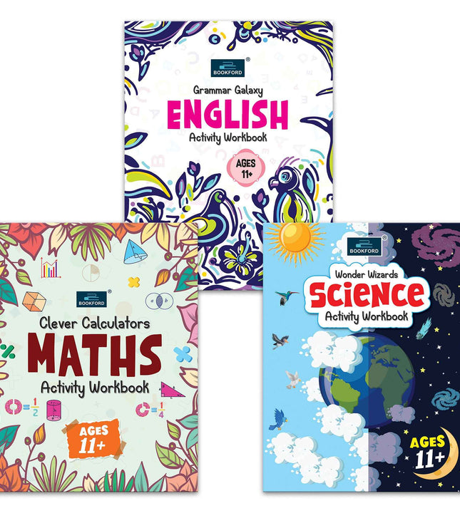 Activity Workbook Ages 11+ (Set of 3 books)-Grammar Galaxy English, Clever Calculators Maths, Wonder Wizards Science