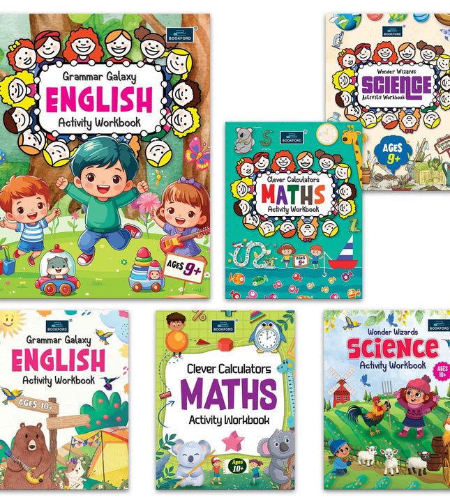 Activity Workbook Ages 9+ & 10+ (Set of 6 books)-Grammar Galaxy English, Clever Calculators Maths, Wonder Wizards Science