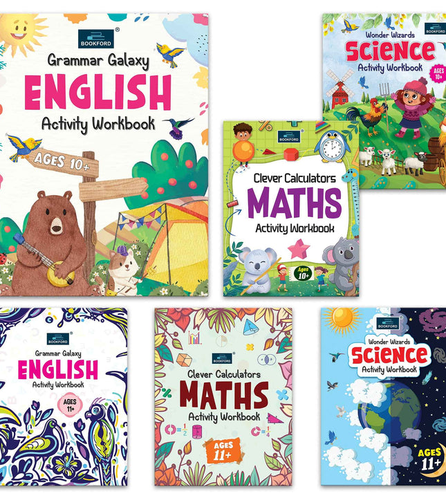 Activity Workbook Ages 10+ & 11+ (Set of 6 books)-Grammar Galaxy English, Clever Calculators Maths, Wonder Wizards Science