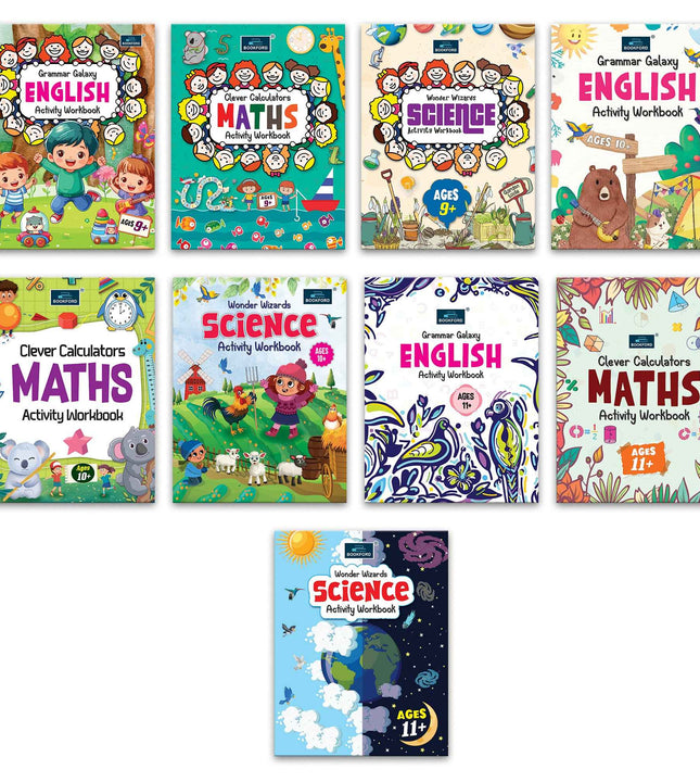 Activity Workbook Ages 9+, 10+ & 11+ (Set of 9 books)-Grammar Galaxy English, Clever Calculators Maths, Wonder Wizards Science