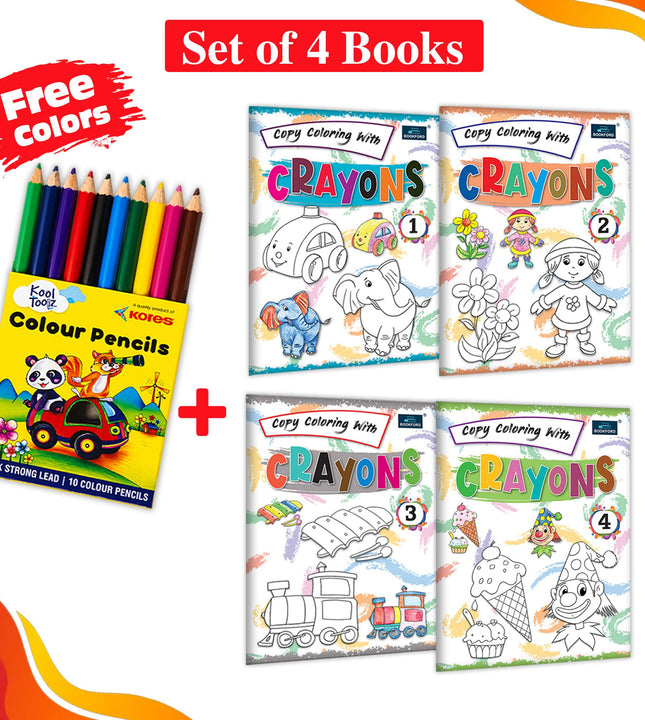 Coloring Book Set of 4 Book With Free 10pcs Colors For Kids and Childrens Copy Coloring With Crayons Part 1,2,3,4 Fun Activity, Boosts Creativity