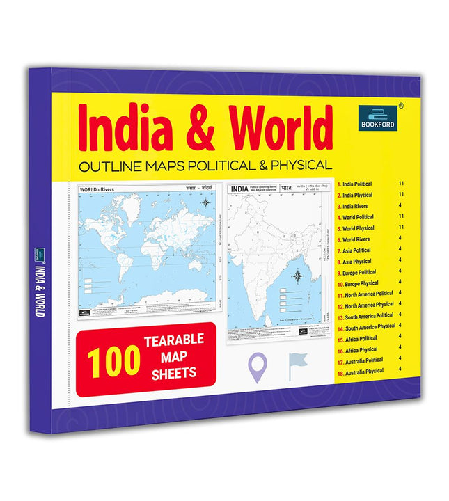 India & World 100 Outline Maps Tearable Political and Physical Geography Practice Workbook for Boys & Girls children Early Learning Map Book