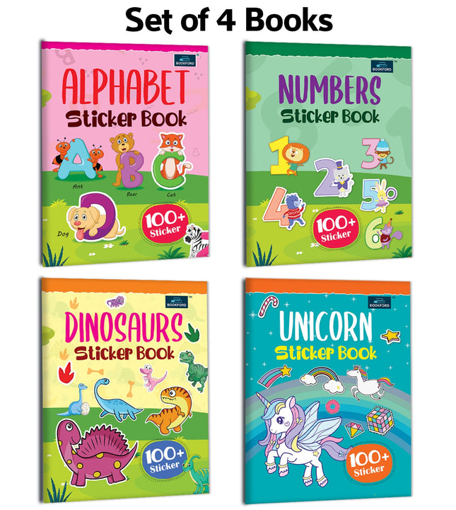 Sticker Books for Kids Set of 4 - Alphabet Sticker Book , Number Sticker Book , Dinosaur Sticker Book , Unicorn Sticker Book | Fun Learning Activity Books for Childrens