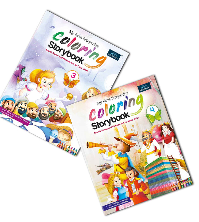 Fairytales Coloring Storybooks - Set of 2 (Parts 3 & 4) - Includes Snow White, Frog Prince, Pied Piper & Princess and the Pea