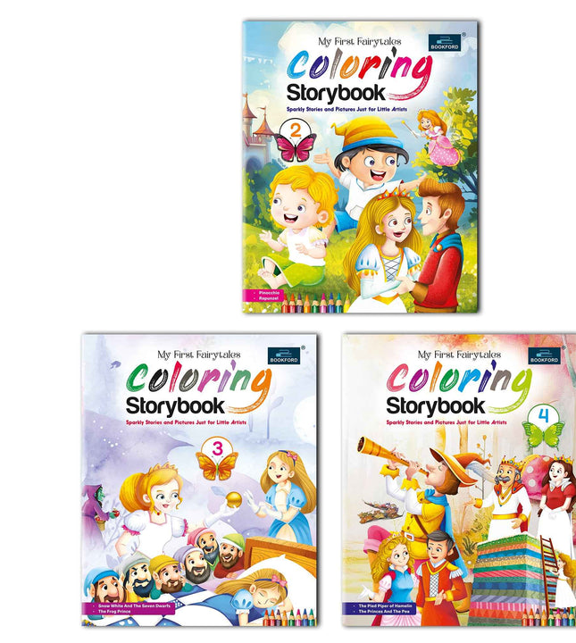 Fairytales Coloring Storybooks - Set of 3 (Parts 2, 3 & 4) - Includes Pinocchio, Rapunzel, Snow White, Frog Prince, Pied Piper & Princess and the Pea