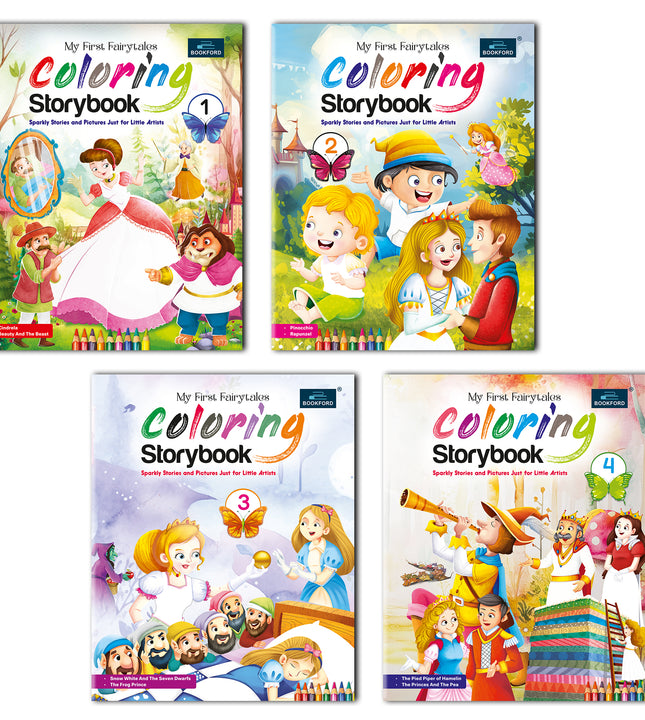 Fairytales Coloring Storybooks - Set of 4 (Parts 1 to 4) - Includes Cinderella, Beauty and the Beast, Pinocchio, Rapunzel, Snow White, Frog Prince, Pied Piper & Princess and the Pea