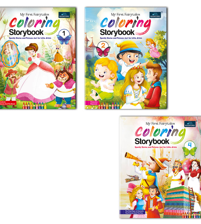Fairytales Coloring Storybooks - Set of 3 (Parts 1, 2 & 4) - Includes Cinderella, Beauty and the Beast, Pinocchio, Rapunzel, Pied Piper & Princess and the Pea