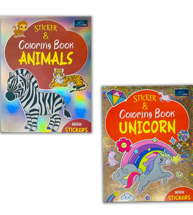 Stickers & Coloring Book UNICORN and ANIMALS (set of 2)for Kids and Children - Preschool Early Learning Fun Sticker and Color Activity Workbook