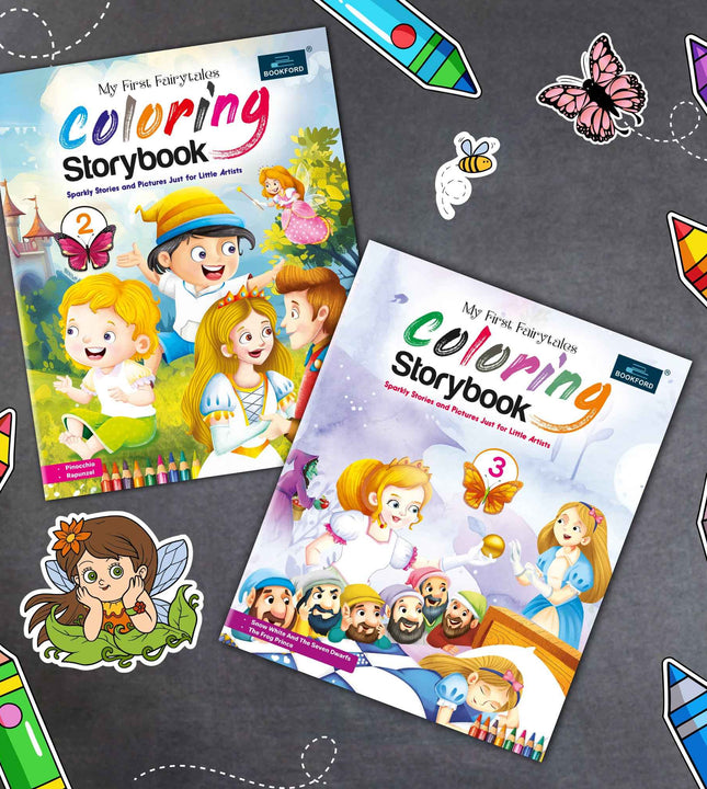 Fairytales Coloring Storybooks - Set of 2 (Parts 2 & 3) - Includes Pinocchio, Rapunzel, Snow White & The Frog Prince