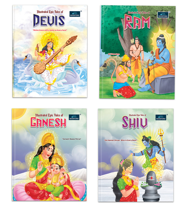 Illustrated Tales of Ganesh, Shiv, Devis & Ram (Set of 4 Books) - Divine Legends and Sacred Adventures with Mythological Heroes Filled with Stunning Illustrations for Kids
