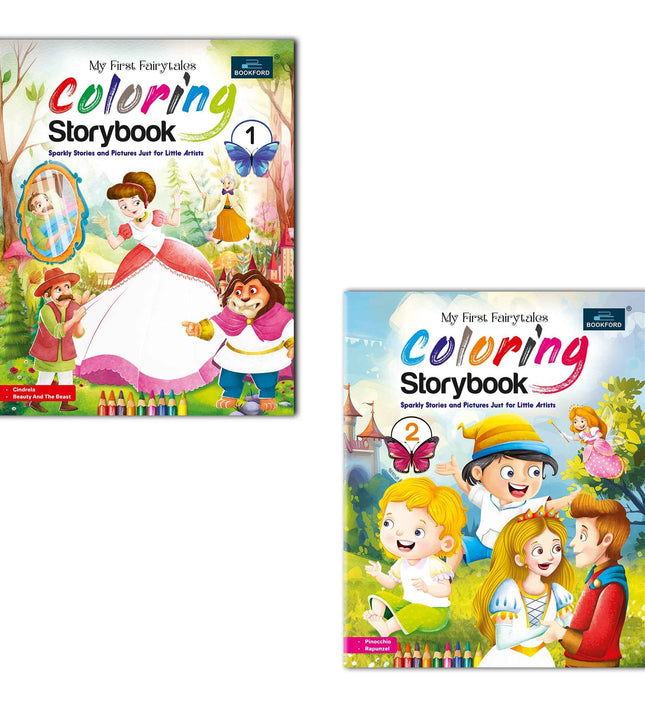 Fairytales Coloring Storybooks - Set of 2 (Parts 1 & 2) - Includes Cinderella, Beauty and the Beast, Pinocchio & Rapunzel
