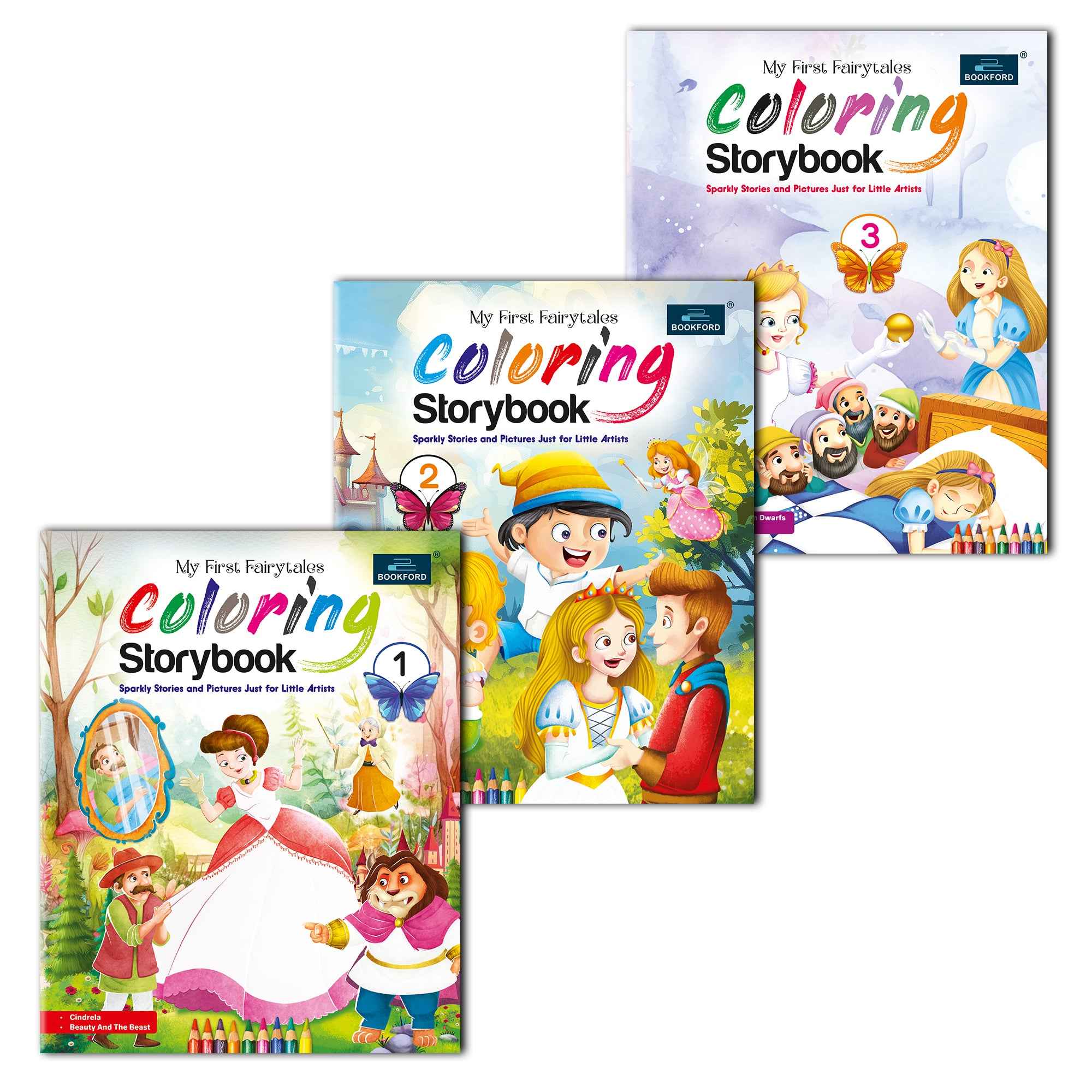 Fairytales Coloring Storybooks - Set of 3 (Parts 1, 2 & 3) - Includes Cinderella, Beauty and the Beast, Pinocchio, Rapunzel, Snow White & Frog Prince