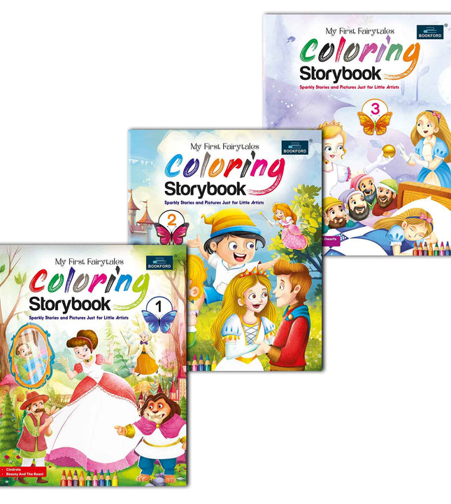 Fairytales Coloring Storybooks - Set of 3 (Parts 1, 2 & 3) - Includes Cinderella, Beauty and the Beast, Pinocchio, Rapunzel, Snow White & Frog Prince