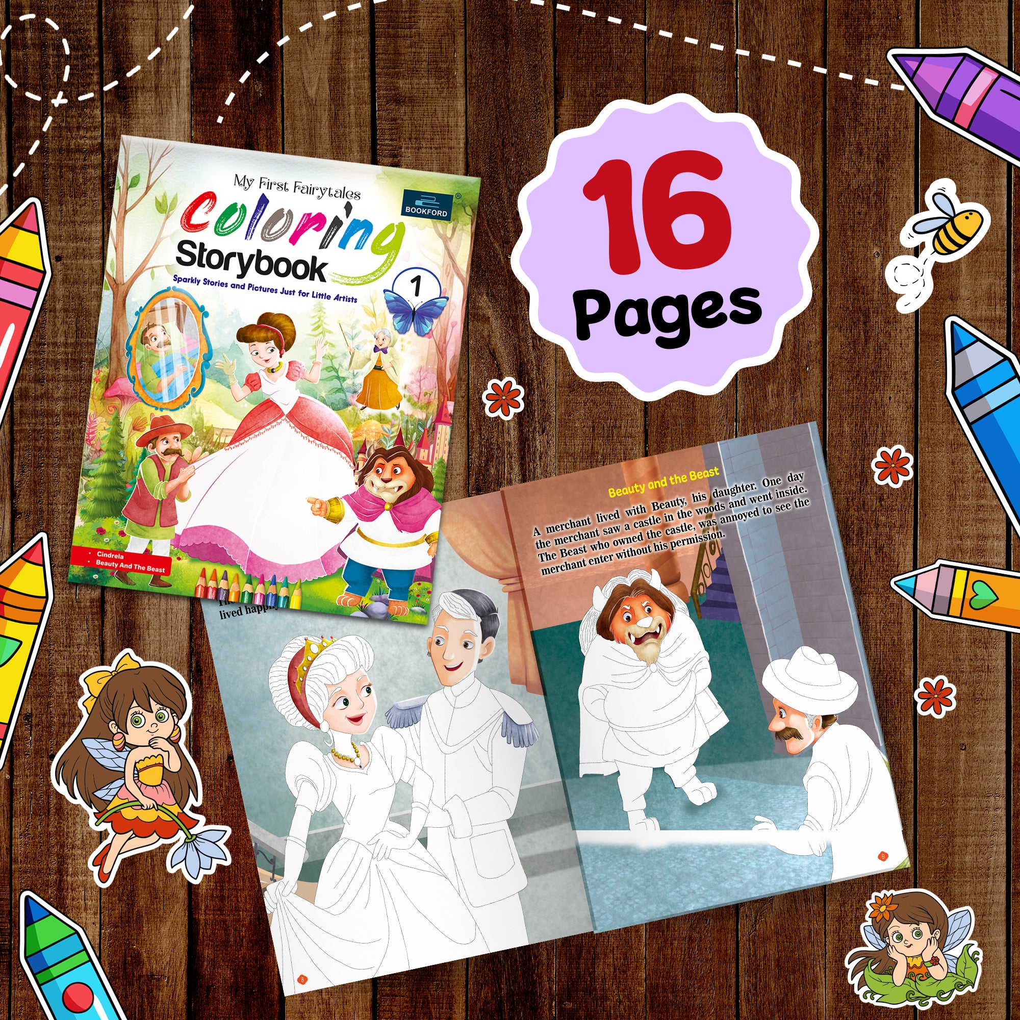 Fairytales Coloring Storybooks - Set of 3 (Parts 1, 2 & 3) - Includes Cinderella, Beauty and the Beast, Pinocchio, Rapunzel, Snow White & Frog Prince
