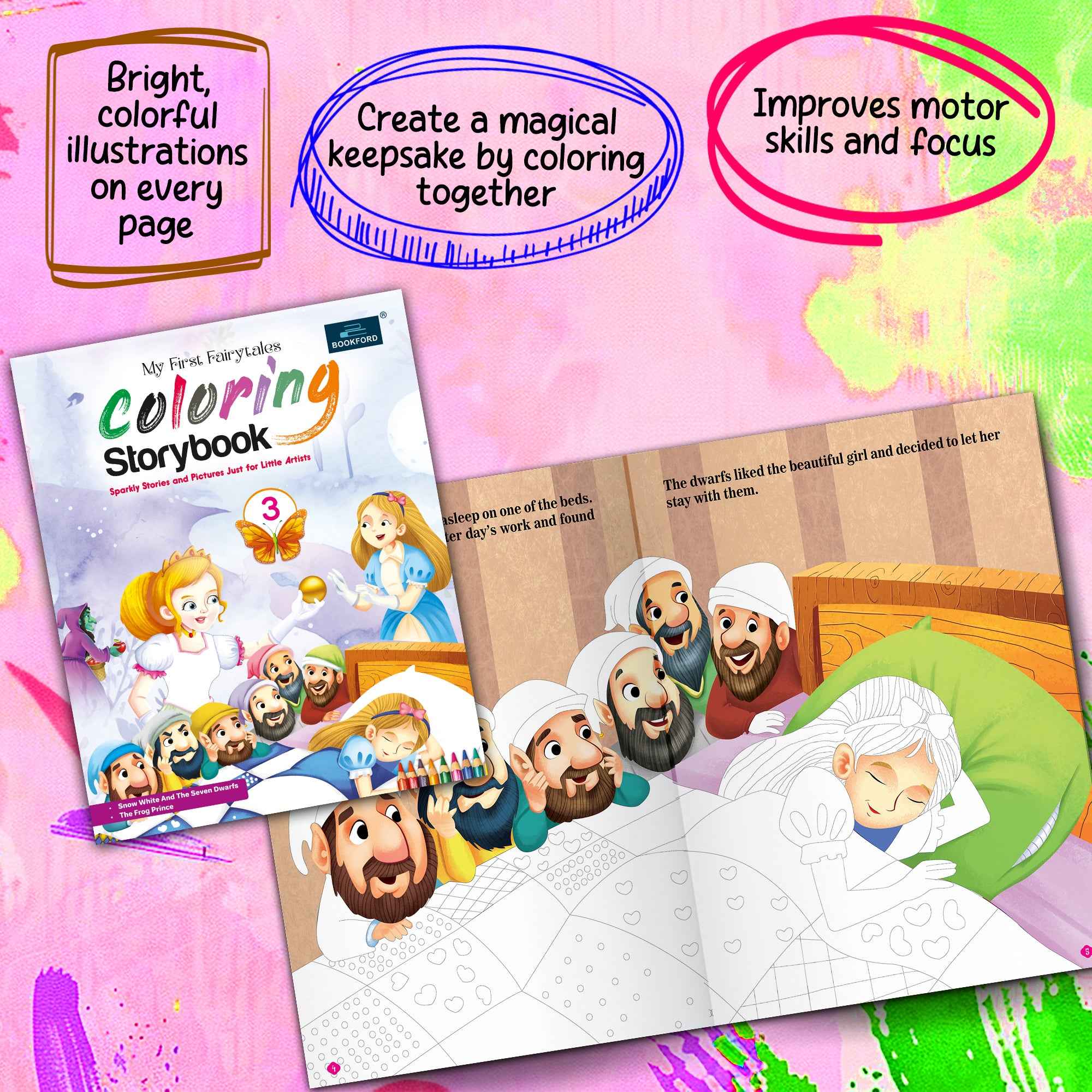 Fairytales Coloring Storybooks - Set of 3 (Parts 1, 2 & 3) - Includes Cinderella, Beauty and the Beast, Pinocchio, Rapunzel, Snow White & Frog Prince