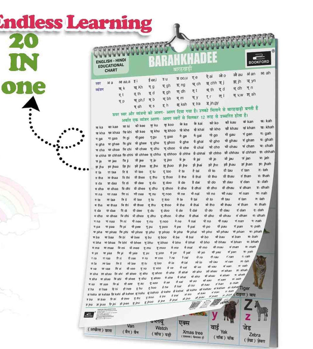 20 in 1 Barakhadi Educational Chart For Kids-Children Spiral Wall Picture Chart with Big Fonts and Realistic Pictures Paper (14 inch X 19 inch, both front and back sides)
