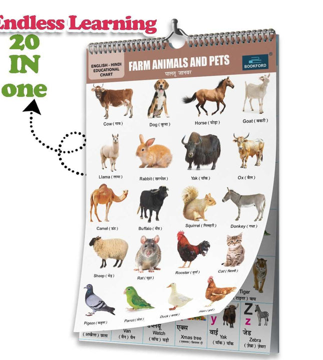 20 in 1 Farm Animal and Pets Educational Chart For Kids-Children Spiral Wall Picture Chart with Big Fonts and Realistic Pictures Paper (14 inch X 19 inch, both front and back sides)