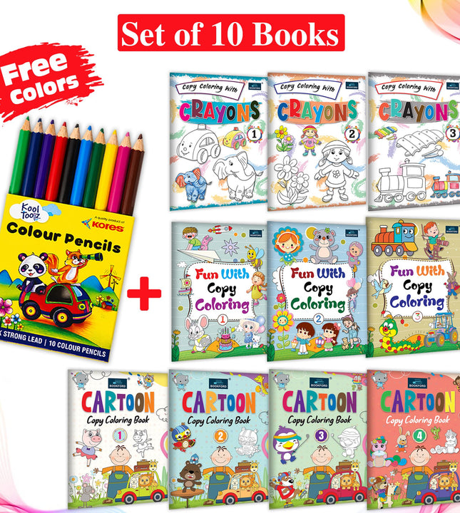 Coloring Book Set of 10 Book With Free 10pcs Colors For Kids and Childrens – Fun with Copy Coloring Part 1,2,3 Cartoon Copy Coloring Part 1,2,3,4 Copy Coloring With Crayons Part 1,2,3 Fun Activity, Boosts Creativity