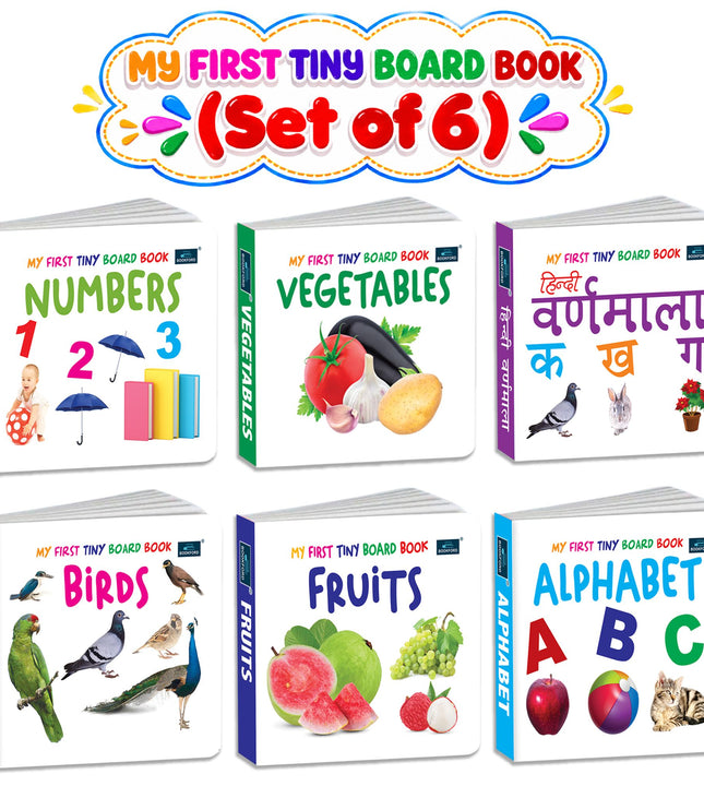My First Tiny Board Books Set of 6 | Alphabet,Numbers,Fruits,Vegetables,Birds and Hindi Varnmala | Early Learning Educational Board Book Collection for Kids