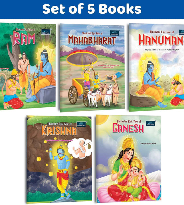 Illustrated Epic Tales Set of 5 | Ganesh, Ram, Mahabharat, Krishna & Hanuman Stories | Indian Mythology Books for Kids | Hindu Mythology Story Books | Gift Set for Children